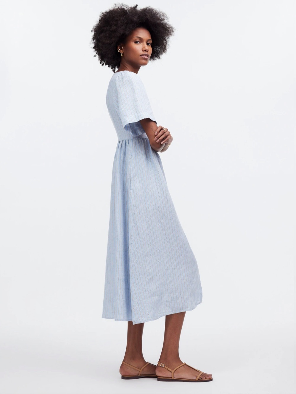 Madewell Cassie Button-Front Midi Dress 100% Linen Blue Striped Size Small - Picture 4 of 13